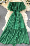 Slash Neck Chiffon Long Dress Women Red/Green/Purple Irregular Ruffle Short Sleeve High Waist Beach Vestidos Female