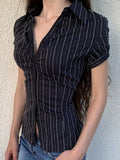 Commute Wind Fashion Stripe Buckle Bubble Sleeve Top Hottie Temperament Folding Braid