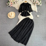 Luxury Retro Temperament Female Short-Sleeved Single Buckle Shirt High-Rise Half-Dress Two Sets Of Lace Fashion
