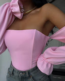 Sexy Hottie Body Fish Bone Bra Splicing Bubble Sleeve Niche Design Long-Sleeved