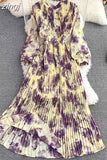 Autumn Bohemian Women Tie Dye Printed Pleated Long Dress Boho Stand Collar Puff Sleeve High Waist Draped Maxi Vestido