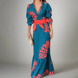 Women's New Elegant Temperament Printing Fashion T-Shirt With Waist Bubble Long-Sleeved Dress
