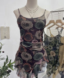 辣bab Net Yarn Print Small Sling Vest Tidly Tidly Ribbon Ribbon Leaves Edge Sleeveless Top