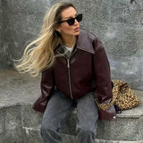 Women's ZA Autumn And Winter New Street Fashion Collar Long-Sleeved Leather Jacket
