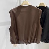 Collar Solid Color Sleeveless Leather Vest Coat Women's Autumn 2025 New Korean Fashion Stacked On The Kan