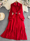 Autumn Women Turn-Down Collar Pleated Long Dress Vintage Single Breasted Lantern Sleeve High Waist Draped Maxi Robe