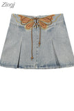 Women's Jean Pleated Skirt 2023 Summer Casual Vintage Korean Lace Up Denim A-Line Mini Skirt Harajuku Y2k Hight Waisted