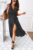 Short Sleeve V Neck Bohemian Long dress Women Polka Dot Print Casual Split Beach Maxi Sundress