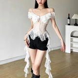 2024 Summer New Women's Solid Color Repair Body Hollow Perspective Sexy Word Tie Sling Short-Sleeved