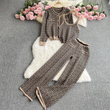 Zingj Suit Female Round Collar Jacquard Cardigan Coat Vest Three-Piece High Waist Slim Straight Wide Leg