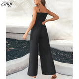 PETAL Square Neck Smocking Jumpsuit For Woman Black Casual Thin Straps Wide Leg Pants Playsuit 2023 Summer Loose