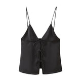 New Bow Trim Silk Satin Texture Top