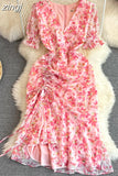 Vintage Women Pink Floral Printed Mermaid Bodycon Dress Female Elegant V-Neck Short Sleeve Draw String Vestidos