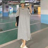 Sleeve Dress Women Hot Sale S-3XL Leisure Cozy Simple Basic Striped Preppy Style Clothing Students Midi Sundress Chic