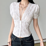And Summer Basic Solid Color Dark V Buckle T-Shirt Top Bow Texture Texture To Close The Waist Design Spice Girls Shirt