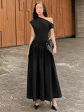 Solid Irregular Pleated A-line Maxi Dress Women Elegant Diagonal Collar Short Sleeve Robe 2024 Summer Lady Chic