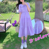 Puff Sleeve Dress Women Peter Pan Collar Calf-length Elegant Solid Pleated Korean Sweet Girls Female Stylish Purple