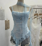 Lace Splicing Irregular Lotus Leaf Edge Ribbon Sling Vest Round Neck Sexy Sleeveless Top