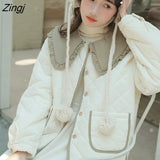 Kawaii Peter Pan Collar Short Jackets Women Vintage Sweet Preppy Style Patchwork Winter Parkas Female Warm Padded