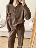 Loose Knitting Suit Women 2025 Autumn And Winter New Round-Neck Cardigan Sweater + Wide Leg