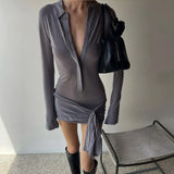 Zingj Autumn New Women's Fashion Polo Collar Breasted Slim Pure Color Long Sleeve Strap Wrapped Hip