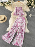 Women Summer Maxi Print Pants Suits New Sleeveless Strap Tops Female Casual Chiffon Two Pieces Sets Beach