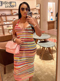 Colorful Striped Maxi Dress Women Sleeveless Halter Low Chest Backless Vacation Robe Ladies Party Clubwear