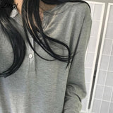 Sleeve T-shirts Women Solid Buttons Loose Spring Simple Tops Korean-style Chic Female Autumn Ulzzang All-match Outwear