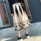 Geometric Print Knitted Skirts Women Autumn National Style Tassel Midi Skirt Female Elegant High Waist A-line Long