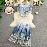 High-End Lace-Print Temperament Single-Drace Buckle Round-Neck Short-Sleeved Top Two Sets Of High-Rise Slimming