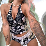 Y2K Bohemian Floral Print Crop Top Summer Beach Style Sexy V-neck Backless Halter Cami Top Women Aesthetic Streetwear 211-0-Outfit