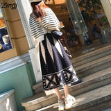 Geometric Print Knitted Skirts Women Autumn National Style Tassel Midi Skirt Female Elegant High Waist A-line Long