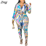 Femme Print Jacket & Trousers Office Lady Outfits Autumn Women two Pieces set Chain Print Button Coat & Pants Suit