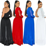 Women Fashion Elegant Casual One Shoulder Plain Sheer Mesh Jumpsuit Long Sleeve Chic Mesh Solid Elegance