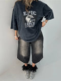 Street Trend Fashion To Do Old Washing Printing T-Shirt With Seven-Sleeve Top Loose Oversize