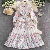Retro Court Wind Hollow Lace Splicing Lantern Sleeve Collection Waist Single Buckle Print Dress 2025 Spring