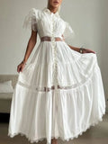 Elegance Dress Female Summer 2025 New High Sense Splicing Lace Side Embroidery Hollow Skirt