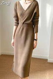 French Casual V-Neck Solid Sweater Knitting Long Sleeve Dress Women Backless Knit Dress Korean Clothing Robe Autumn