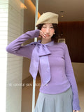 Xixi 2025 Autumn White Standard Korean Version Of Elegant Temperament Solid Color Tie With Thin Knitted Shirt Top Lady