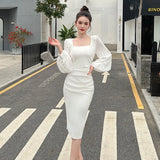 Women Spring Square Collar Sexy Party Dress Split Lantern Sleeve OL Sheath Female Bodycon