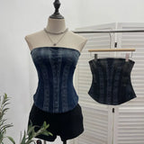 Denim Print Strap-On Corset Tsets Tsets Tsets Tsets Sleeveless Short