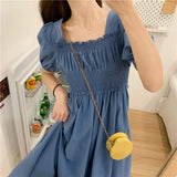 Sleeve Dress Women Summer Solid Pleated Square Collar Mid-calf Elegant Korean Simple Leisure Loose Preppy Womens A-line
