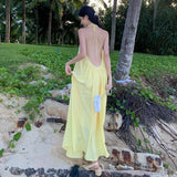 Zingj Hanging Neck Cotton Linen Dew Back Holiday Dress Female Leisure Loose Temperament Halter Belt Long