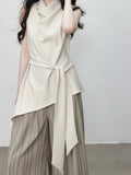 Texture Sleeveless Top Summer New T-Shirt With Waist Design Temperament White T-Shirt Women + Striped