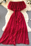 Slash Neck Chiffon Long Dress Women Red/Green/Purple Irregular Ruffle Short Sleeve High Waist Beach Vestidos Female