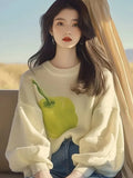 Year's Popular Beautiful Sweater Niche Loose Thin Lazy Wind Apricot Print Knitted Bottom Shirt