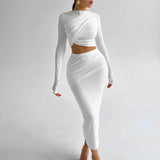 Women's Clothing 2025 Autumn And Winter 2025 New Round-Neck Long Sleeves Open-Umbilly Top Dress Two-Piece