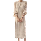 Chic Gentle And Elegant Round Collar Fold Texture Design Loose Leisure Lantern Sleeve Chiffon Dress