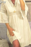 Lace Dress Women White Mini Dress Summer V Neck Sexy Hollow Out Short Sundress Flared Sleeve Lady Party