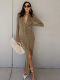 Fashion Ankle-Length Dresses For Women Long Sleeve Autumn Button Green Split Casual Sexy Elegant Party Clubwear